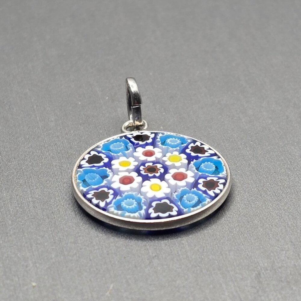 Murano Glass Millefiori Pendant 1" Sterling Silver Blue White Italy Signed PD - Picture 4 of 9